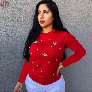 Red Sweater with Bee Embellishments